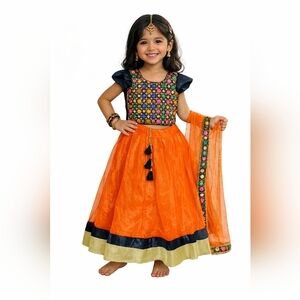 Girls Orange Chaniya Choli Lehenga Set w/ Mirror Work + Dupatta (5-6Y)